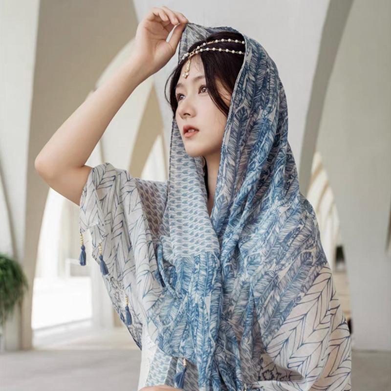 Scarf Shawl High-End Feel Female Fresh Artistic Ethnic Style Versatile Cotton Linen Feel Spring Autumn Summer Sunscreen Silk Scarf