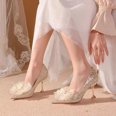 Sexy High Heels Women's Thin Heels Spring and Autumn New Temperament Socialite Bow Pointed Single Shoes Women's Flower Wedding Shoes