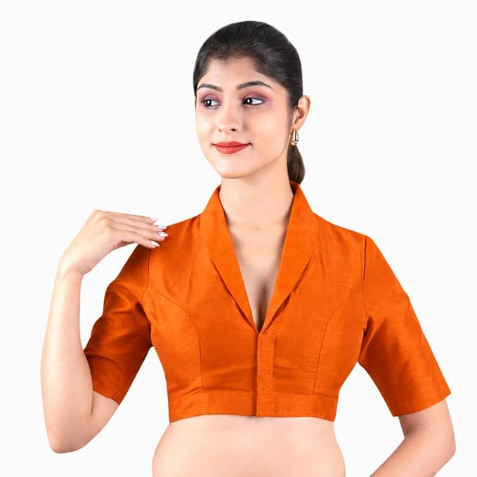 Women’s Solid Collar Neck Readymade Saree Blouse | Front Open Non Padded | Half Sleeve Art Silk Blouse
