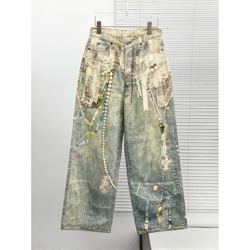 Lace Print Retro Wide-Leg Jeans