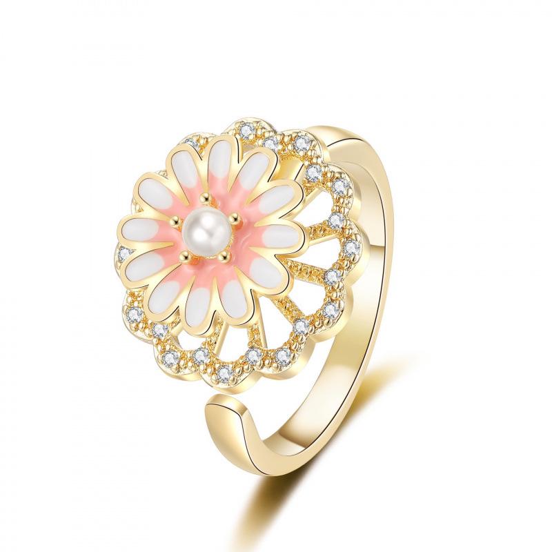 Trendy Adjustable Rotating Daisy Ring for Women – Open Design with Drip Oil Flower