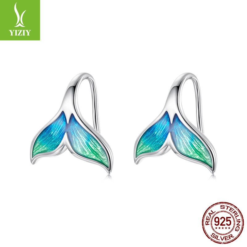 Mermaid Tail Ear Hook Earrings, Romantic Summer Colorful Fishtail S925 Sterling Silver Earrings