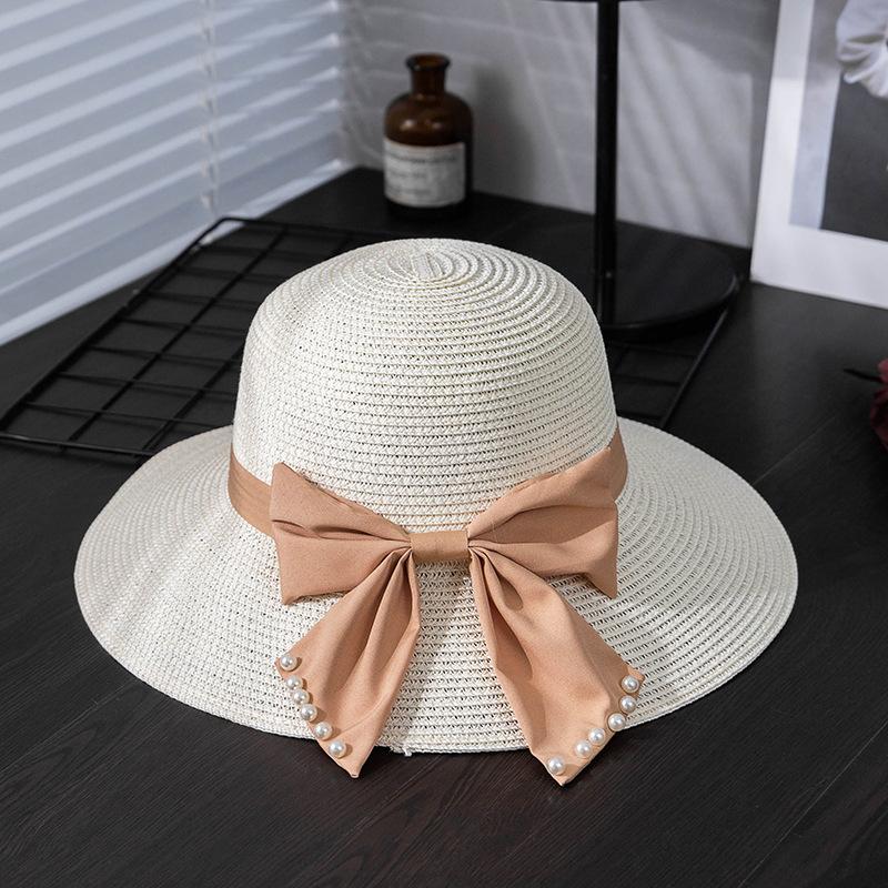 Women's Summer Straw Sun Hat with Wave Brim, Butterfly Bow & Faux Pearl Accents, Beach Hat, Outdoor Travel Vacation Hat