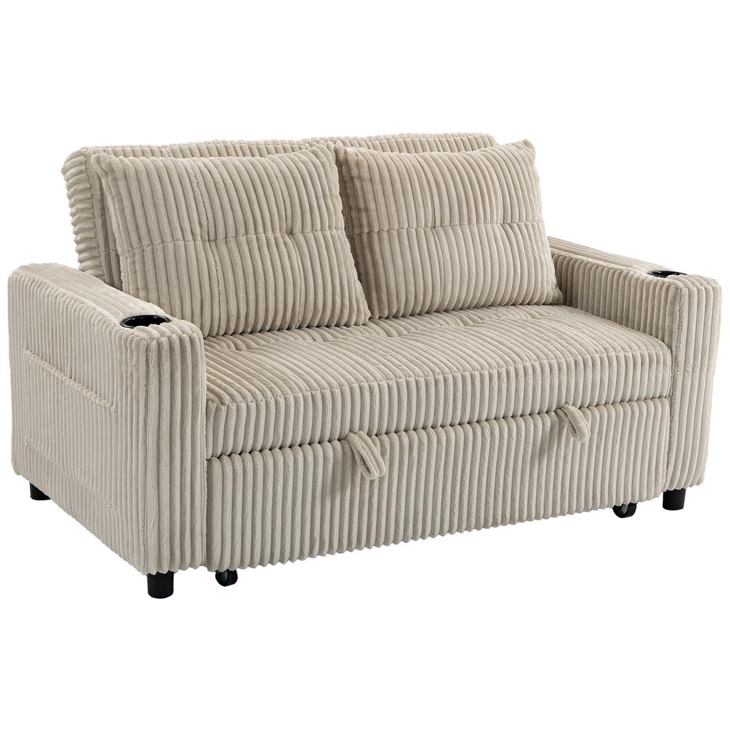 Corduroy Click Clack Sleeper Sofa with Pull Out Design, 2 Seater Sofa Bed, Cream White