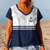 Summer Striped Anchor 3D Print T-Shirts Women V-Neck Short Sleeve T Shirt Y2k Harajuku Tees Casual Loose Tops Female Clothing