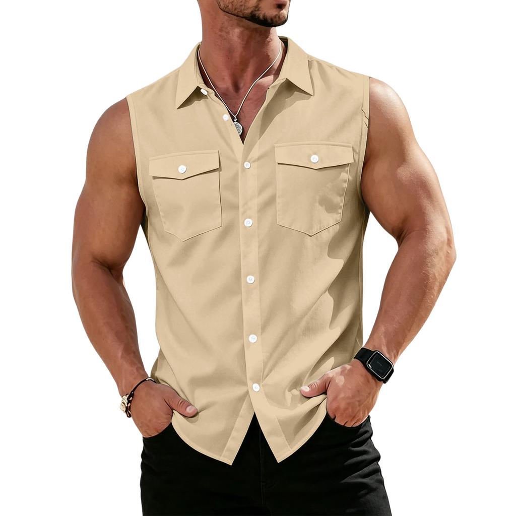Men's Workwear Lapel Button-Down Vest Shirt - Lightweight Sleeveless Top