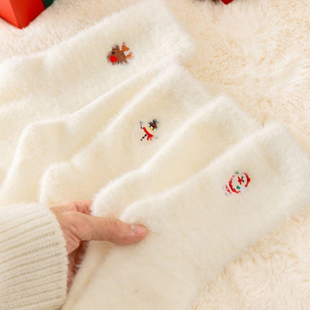 Mink Velvet Christmas Pattern Socks Winter Warm Sweat Absorption Fleece Warm Socks Soft White Xmas Tree Snowman Elk Socks