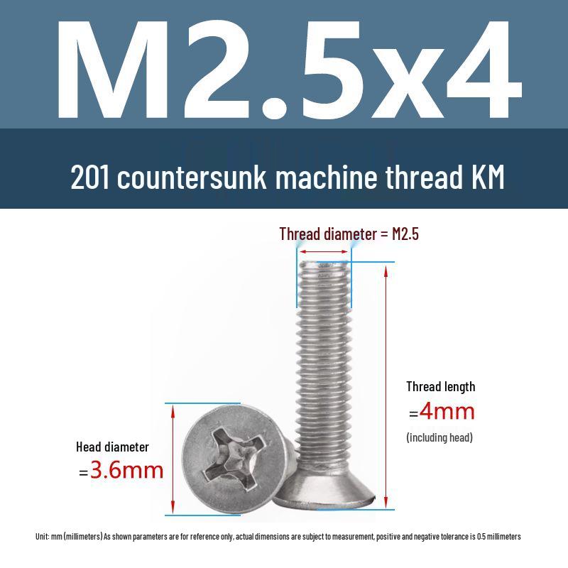Stainless Steel Phillips Countersunk Machine Screws M2-M5, Flat Tail, Full Thread