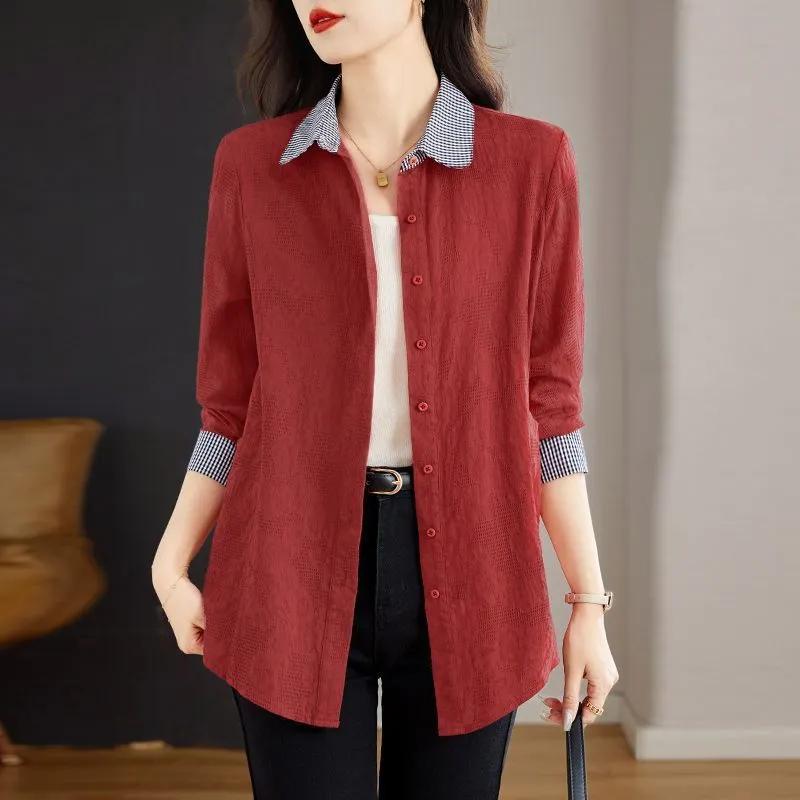 

Хлопковая рубашка женская весна-осень кардиган больших размеров куртка с длинными рукавами повседневная рубашка 6XL вино красного