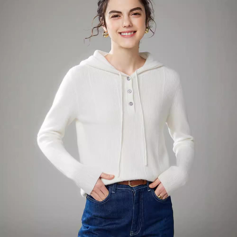 2024 Women's Cashmere Hooded Pullover: Loose Fit, Solid Color, Korean Style Autumn/Winter Sweater