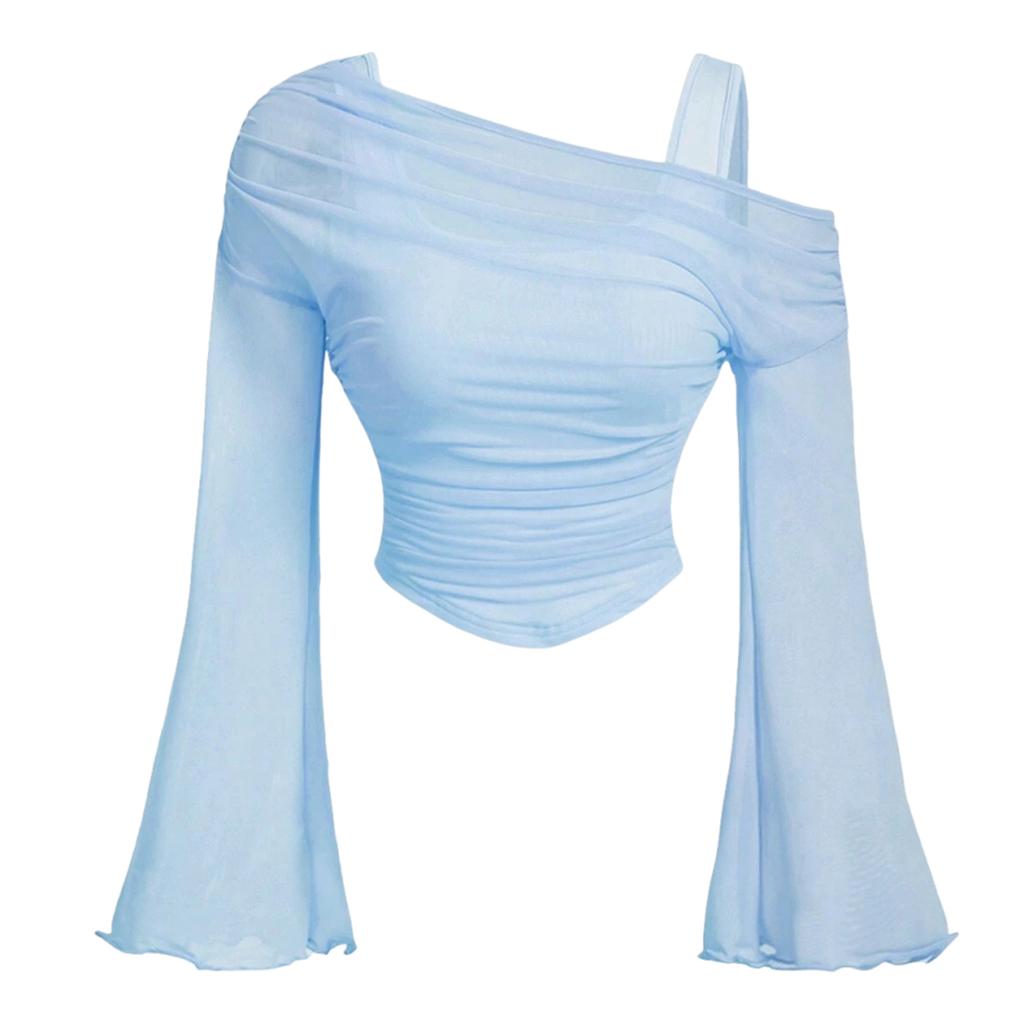 Women’s Ruched Mesh Long Sleeve Short Top Asymmetrical Neckline Fitted Blouse with Sheer Flared Sleeves for Daily Wear
