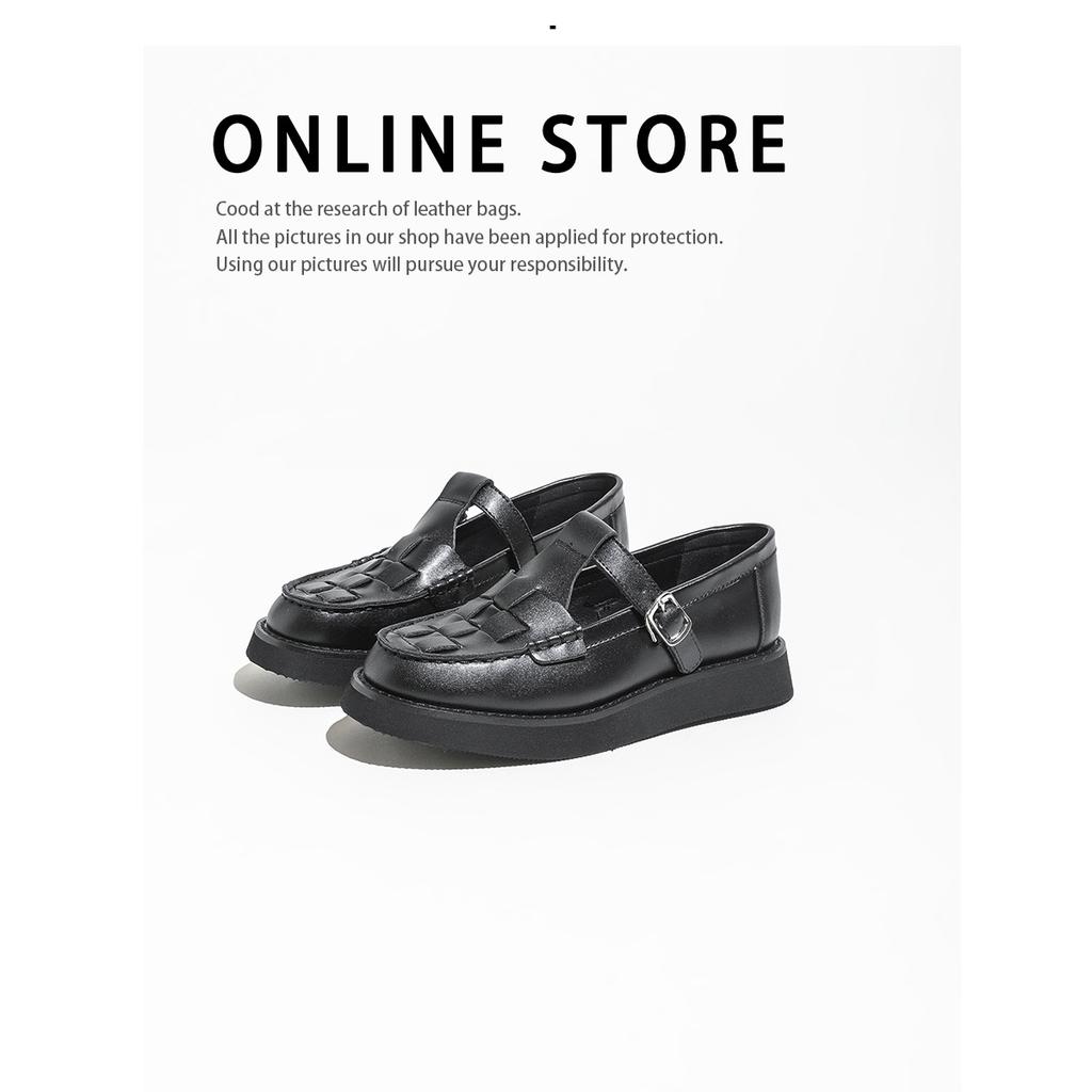 Leather Deep Mouth Single Shoes Women's Spring New Belt Buckle Braided Thick-soled Love Wo Wo Mary Jane Shoes Rubber Soles