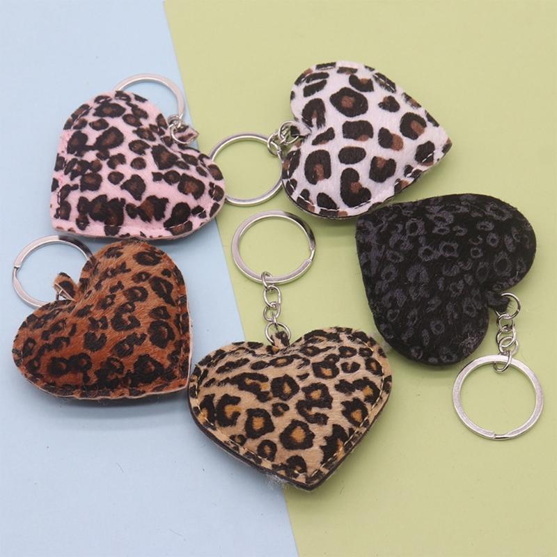 Leopard Print Heart Shaped Keychain with Metal Hook PU Leather Accessory for Fashionable Everyday Carry Item
