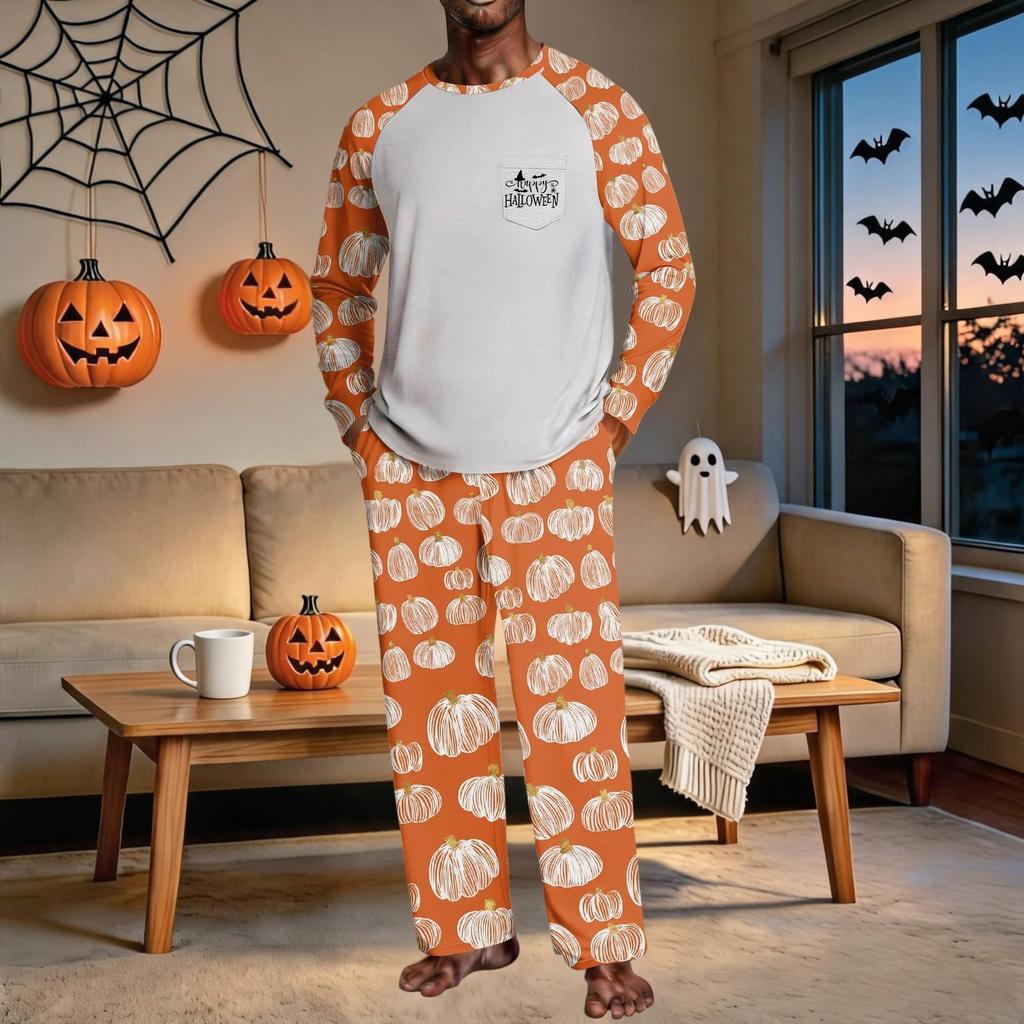 Men's Halloween Pajama Set with Raglan Long Sleeve Top, Pockets and Elastic Waist Pants - Loose Fit 2-Piece Sleepwear