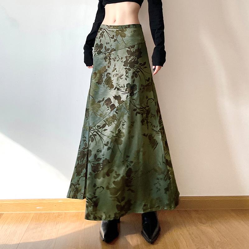 Mori Style Retro Print High Waist Pleated A-line Skirt for Women