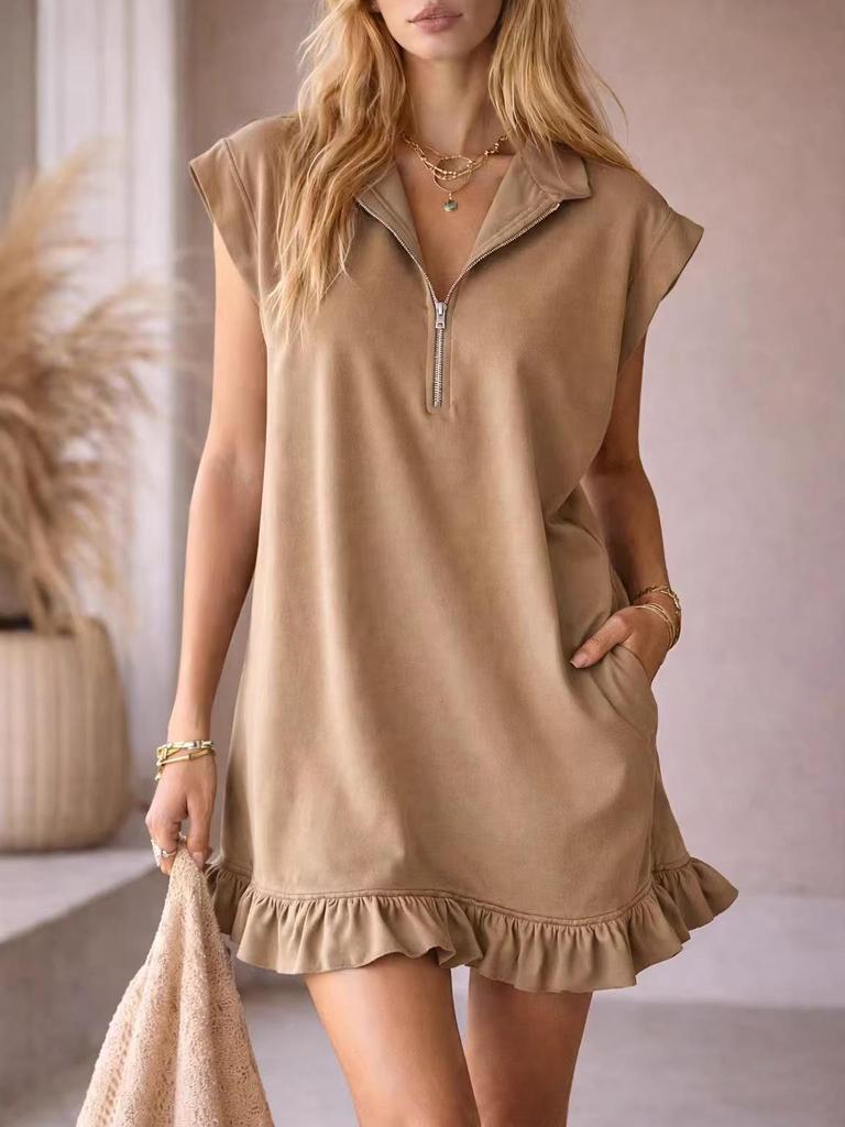 2026 Spring/Summer Women's Sleeveless Zipper V-Neck Ruffle A-Line Dress with Double Pockets