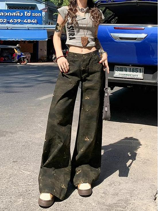 

Женские камуфляжные брюки карго с высокой посадкой - Лето 2025, Легкие, Слим-фит, Джинсы прямого кроя S камуфляжный