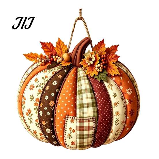 Seasonal Indoor Outdoor Sign Patchwork Pumpkin Wooden Door Hanger, Fall Harvest Halloween Decorative Maple Leaf Wreath with Leaves Berries, Farmhouse