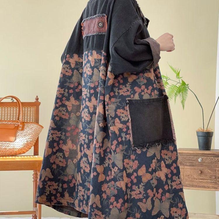 Temperament Vår og Høst Koreansk Dame Midilengde Løs Trykt Søm Denim Vindjakke Jakke Pluss Størrelse