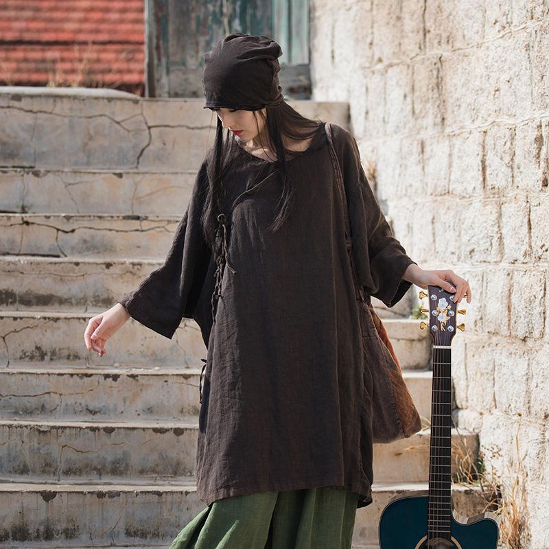 

Johnature женские винтажные рубашки, однотонные бандажные топы из рами, весенние женские блузки в китайском стиле, свободные женские рубашки One Size темно-коричневого