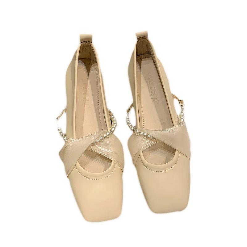 Fashion Early Spring Square Toe String Bead Plat for Woman Elegant Pu Leather Single Shoes Women Party Banquet Ballet Shoes Mujer