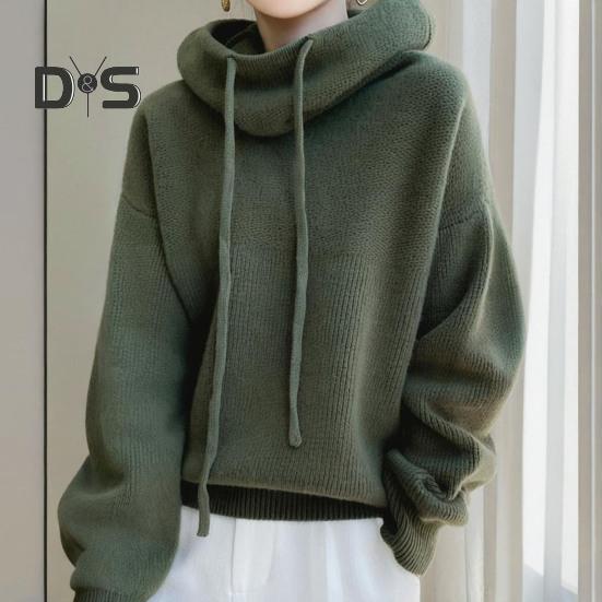 Damegenser Pelskrave Snøring Hette Langermet Strikketopper Ensfarget Casual Løs Passform Strikkeplagg