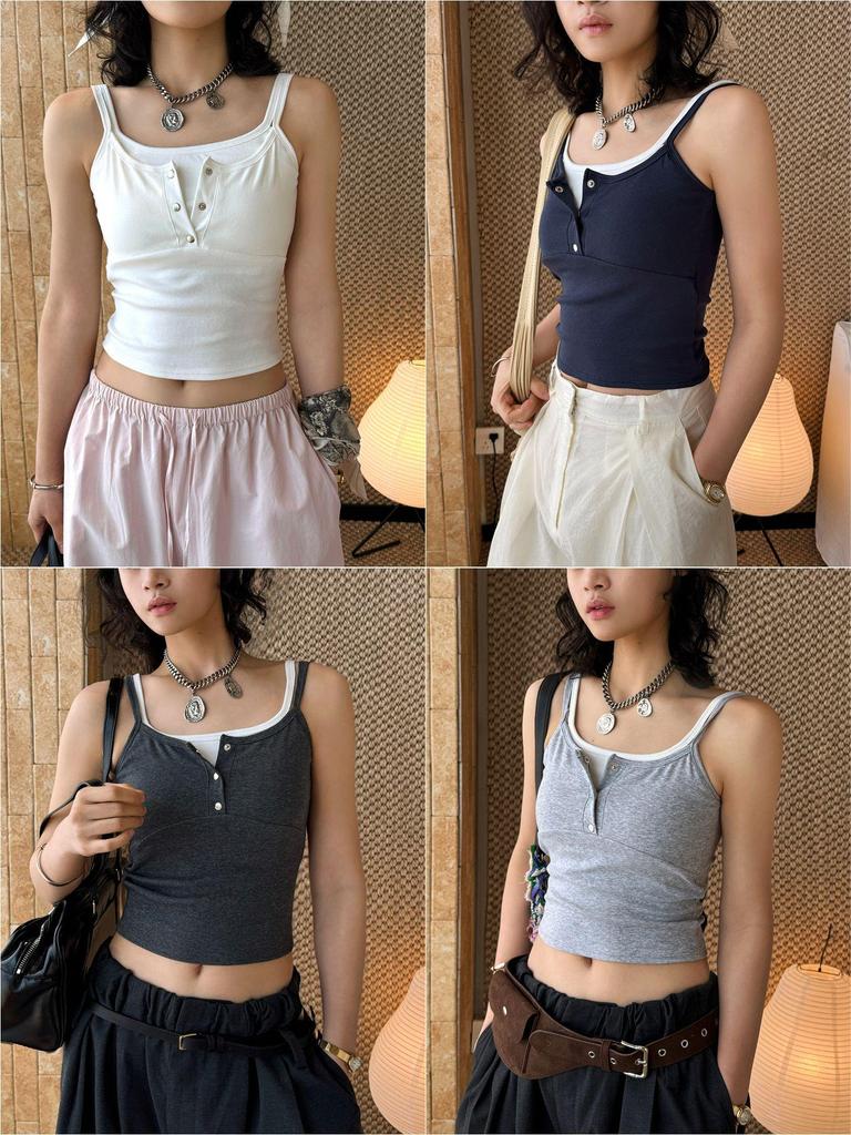 Louvre Spring Double Strap Buttoned Camisole Slimming Top
