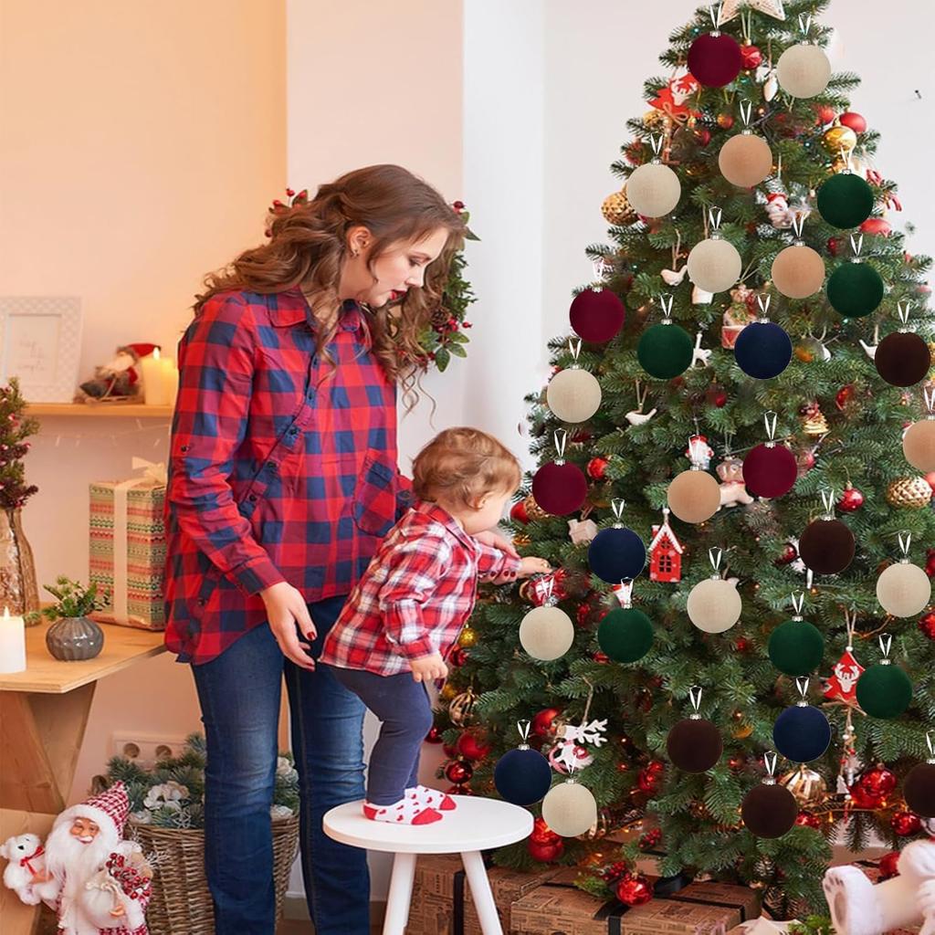 12pcs Christmas Tree Hanging Ball Decoration 2.4Inch Velvet Christmas Ornaments Balls Flocked Shatterproof Plastic Xmas Tree Ball for Party Holiday