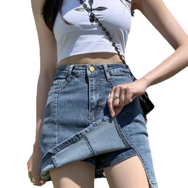 Women's High Waist A-Line Split Denim Mini Skirt - Plus Size, Slimming, Anti-Exposure, Hip-Hugging Design