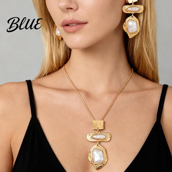 Faux Pearl Earrings Jewelry Set Metallic Texture Double-Layered Necklace