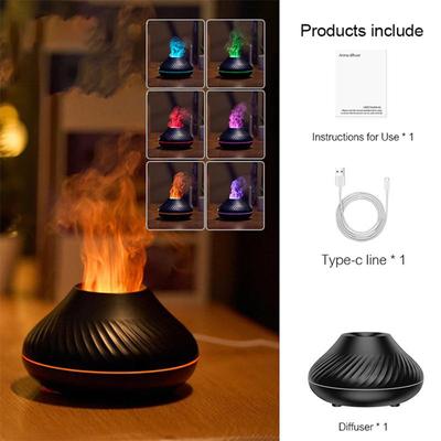 Sopečný aroma difuzér esenciální olejová lampa 130 ml USB přenosný zvlhčovač vzduchu s 6 barevným plamenem nočního světla