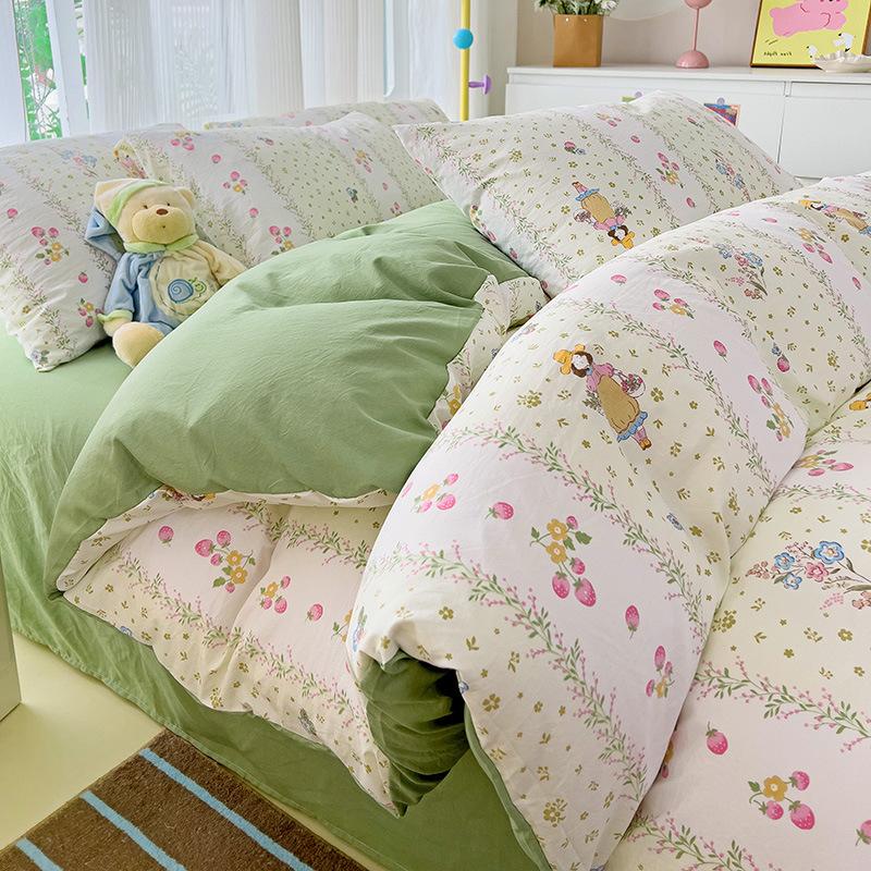 Small Fresh Mattress Quilt Cover Class A Maternal And Infant Grade Cartoon Dormitory Bed Sheet Three-Piece Set Super Soft Washed Cotton 4Pcs Set