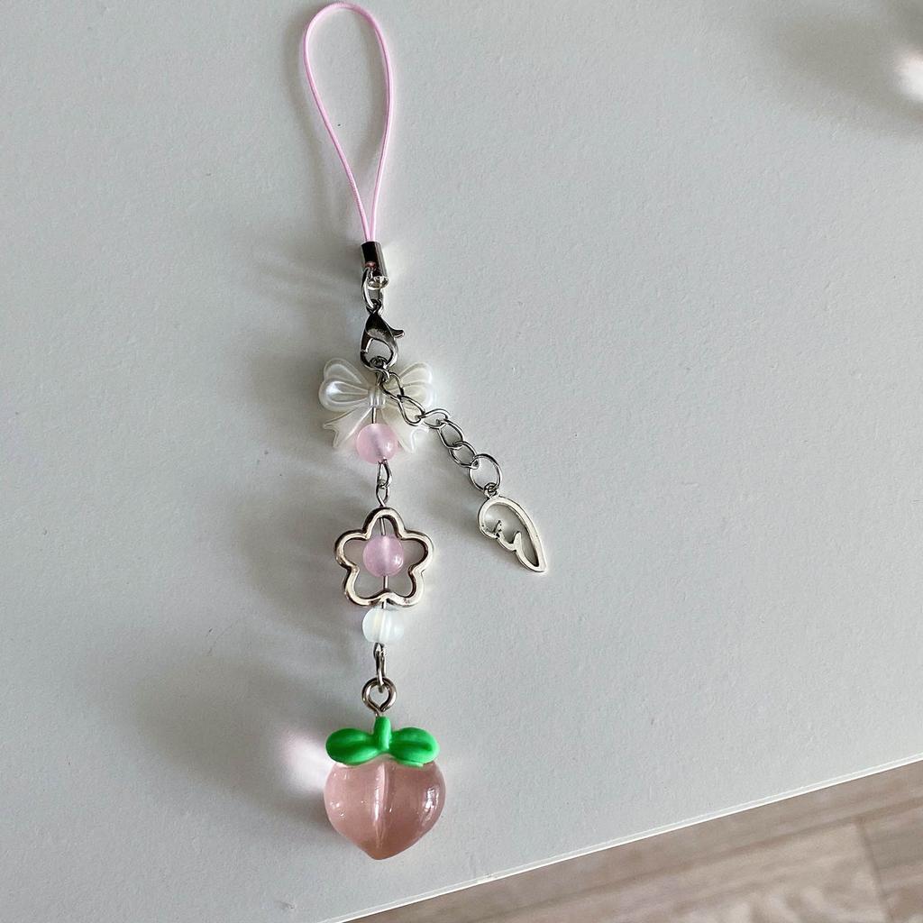 Cute Peach Phone Charm Stylish Keychain Pendant Bowknot Flower Beaded Keyring Personalized Accessory for Women and Girls