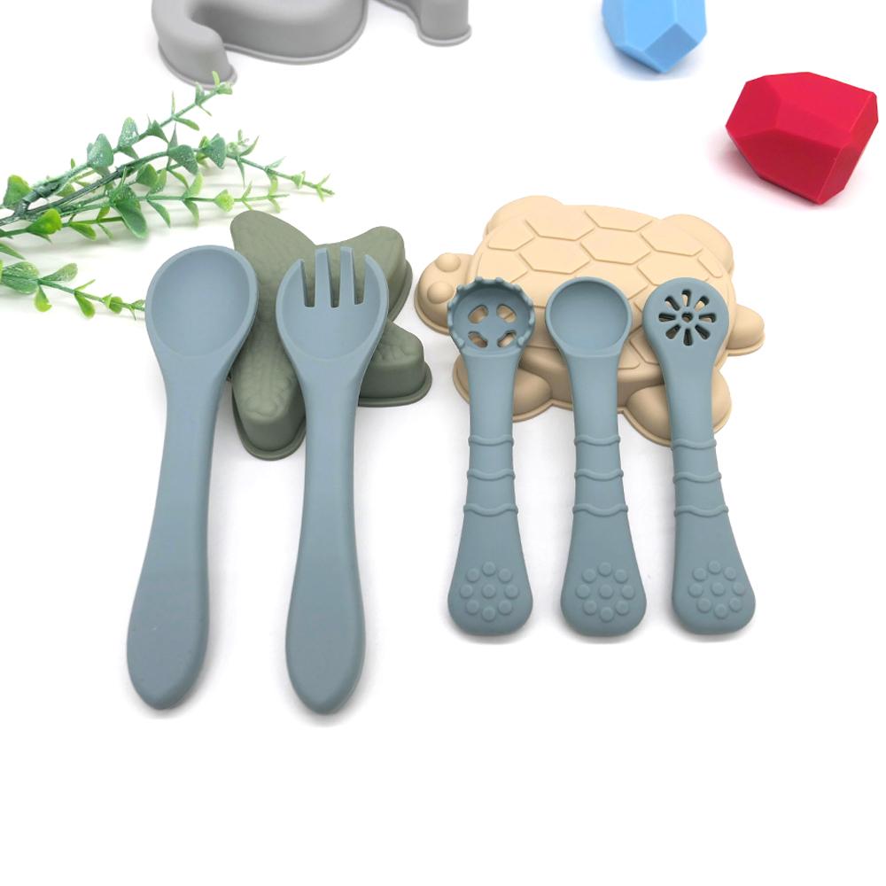 5Pcs Food Spoons And Forks Food Grade Kids Silicone Spoons And Forks Cutlery Little Baby Supplement Spoons Baby Feeding Spoons And Fork