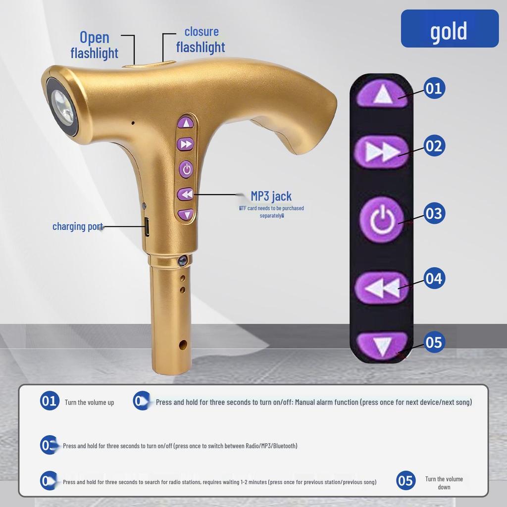 Smart Multifunctional Cane Handle: Bluetooth MP3, Radio, Alarm, Flashlight - Senior Safety Accessory