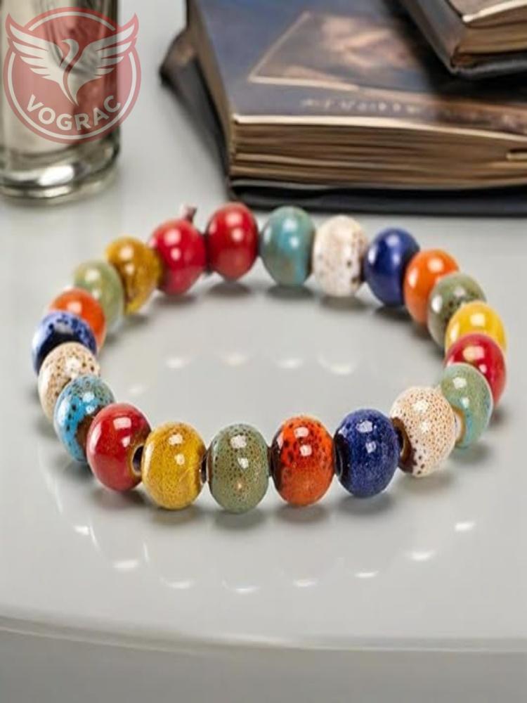 VOGRAC Colorful Ceramic Beads Strand Stretch Bracelet, Handmade ceramic bead bracelet,Shapes Elastic Hand Chain for Women