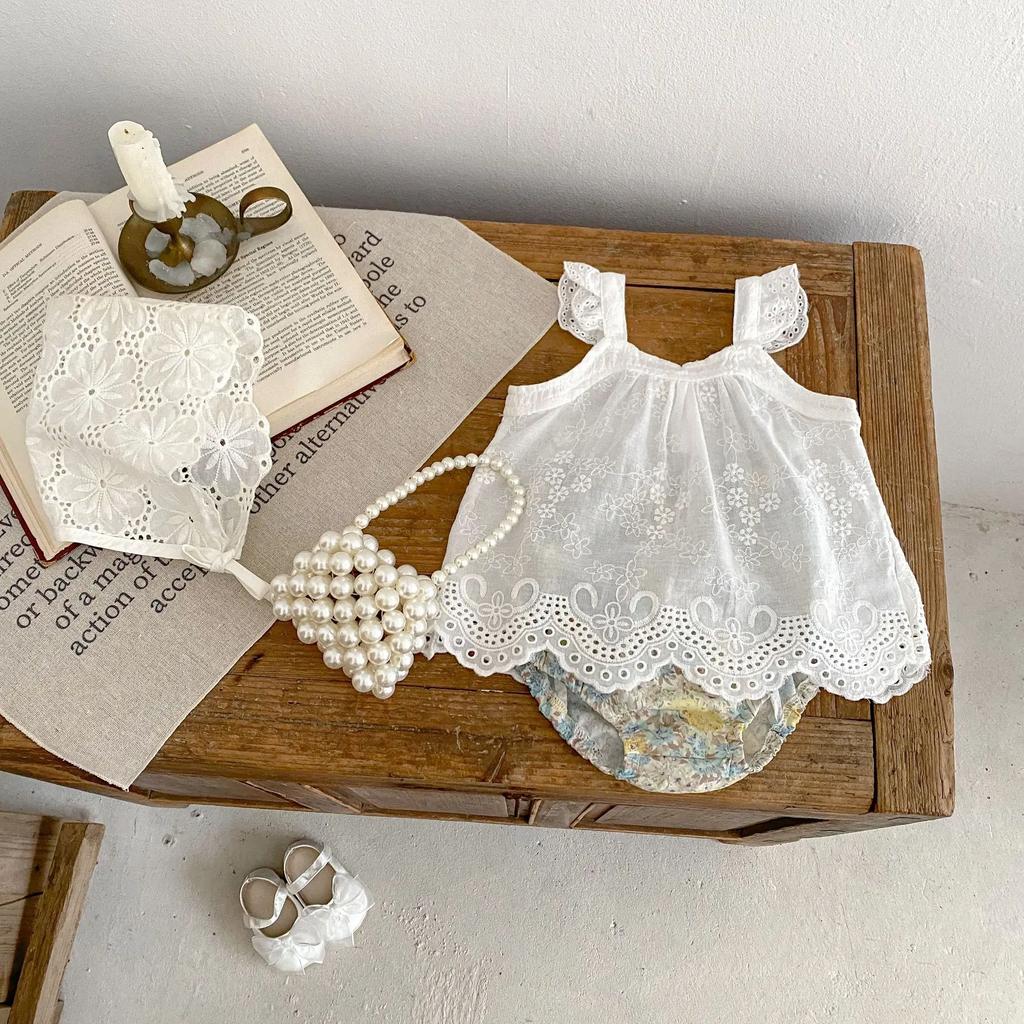 Summer New Baby Clothes Girl Baby Lace Small Flying Sleeves Hanging Strap+Bread Pants Baby Clothes