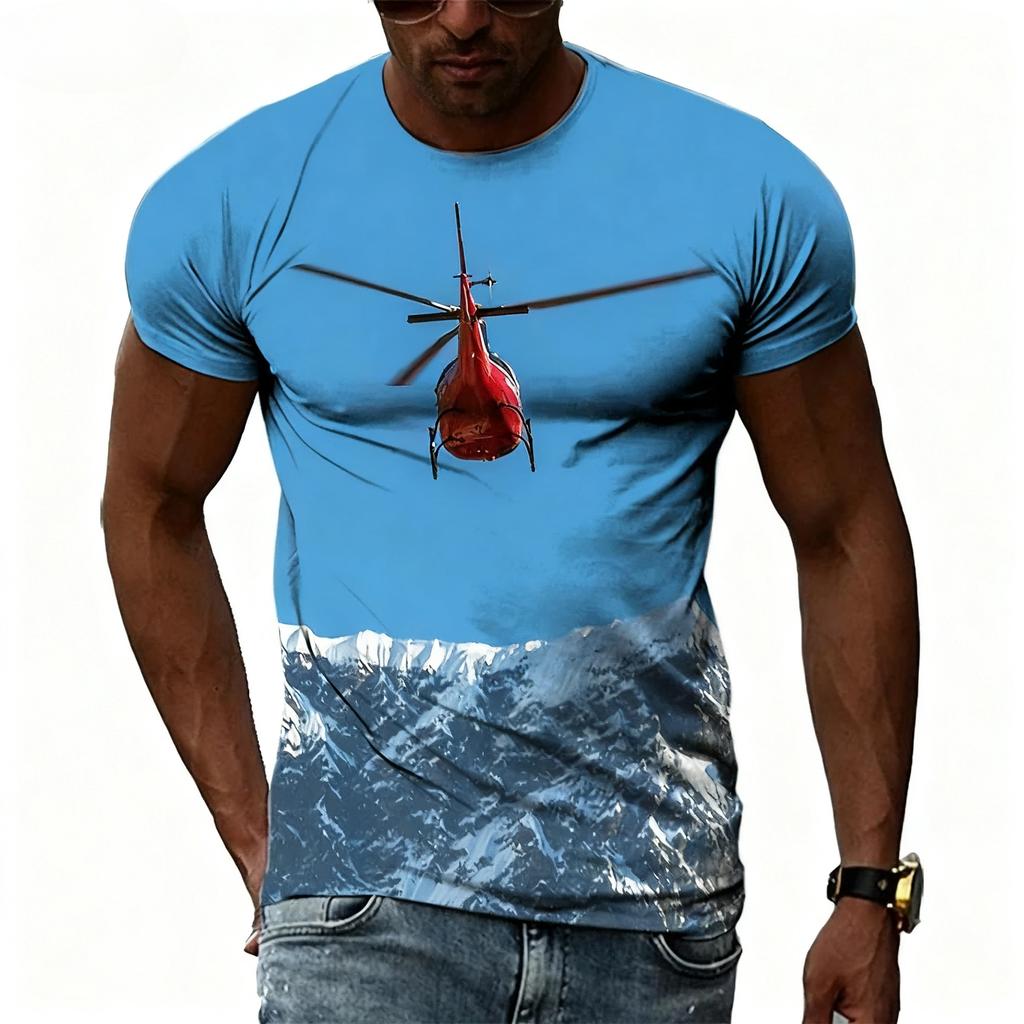 Summer Round Neck 3D Helicopter Pattern Print Top Fashionable Casual Short Sleeved Men's T-shirts
