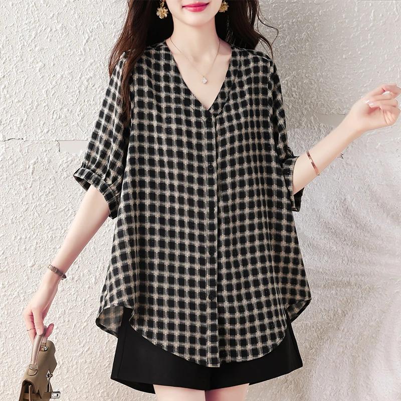 Women s Black Brown Plaid V Neck Loose Mid Sleeve Casual Shirt L чёрный
