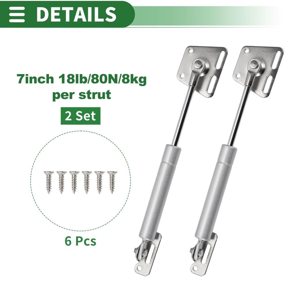 Motoforti Universal Lift Support Strut Gas Springs, 7 inch/180mm, 18lb/80N/8kg, Carbon Steel, Silver Tone, Set of 2