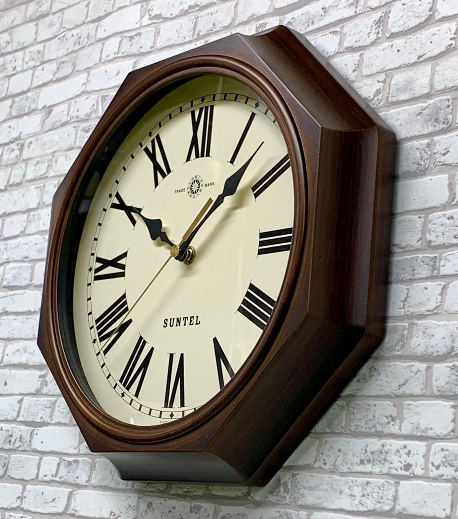 Santell Hergestellt in Japan Natürliches Holz Retro Achteckige Funk-Wanduhr (Römische Buchstaben) Antik Braun DQL713-R