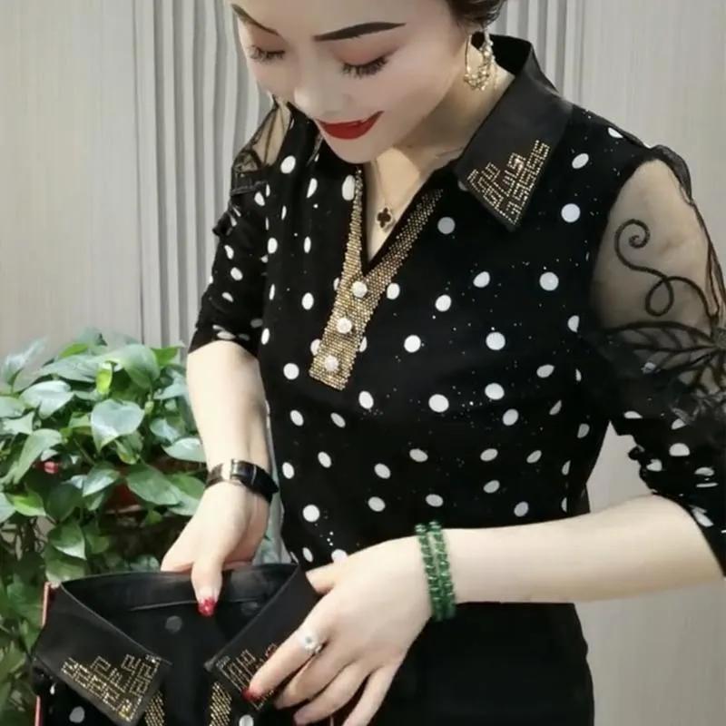Abbigliamento Primaverile e Autunnale da Donna T-shirt di Tendenza Polo a Manica Lunga Coprente e Stampa a Caldo Diamante Top da Esterno