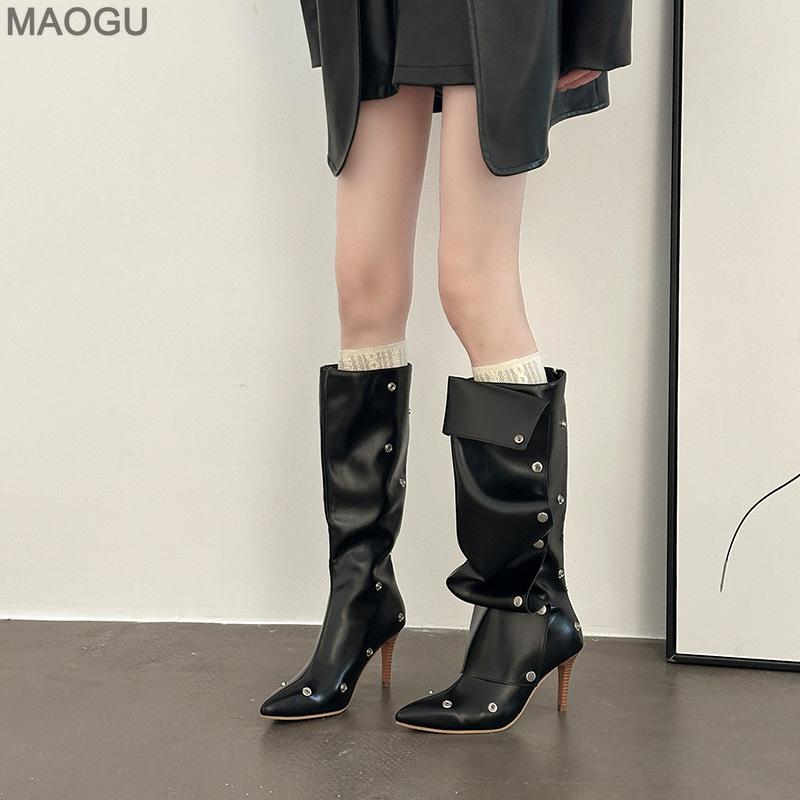 2026 New Hot Girls Two-Way-Wear Button Pleated Botas Pointed Toe Thigh High Boots Stiletto Heel Fashion Autumn Modern Long Boots