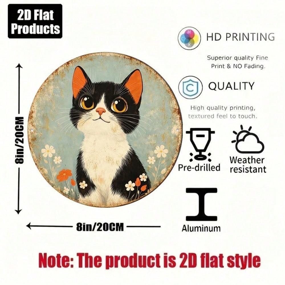 Vintage Black White Cat Floral Round Tin Sign 8x8in Cute Aesthetic Wall Art For Cafe Bar Bedroom Home Decor