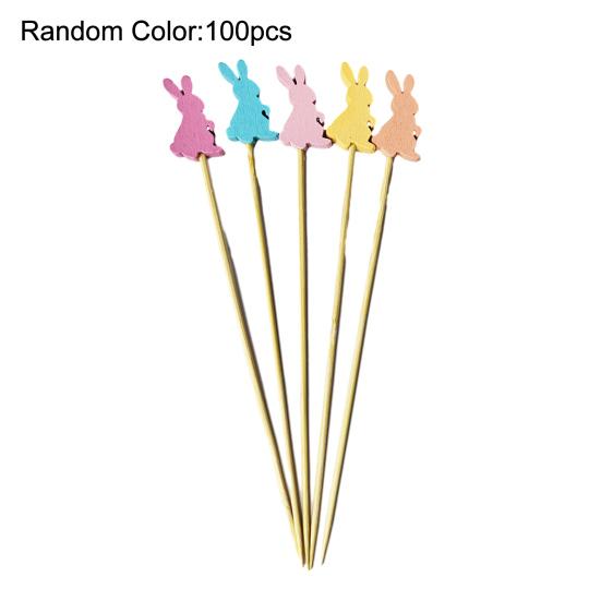 100PCS Bamboo Fruit Tags, Cute Cute Easter Bunny Decor, Multi-Color Disposable Skewers for Fruits Barbecue Cakes Cocktails