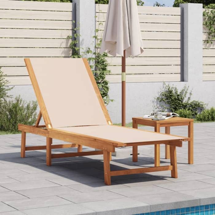 VidaXL Chaise longue et table crème bois d'acacia solide et textilène, lit de soleil, lit de repos, chaise longue 4008416