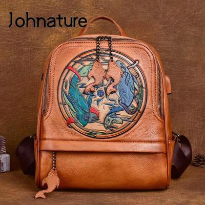 Vintage-Rucksack aus echtem Leder, handgefertigt, geprägte Damentasche, Freizeit, große Kapazität, natürliches Rindsleder, Reiserucksäcke