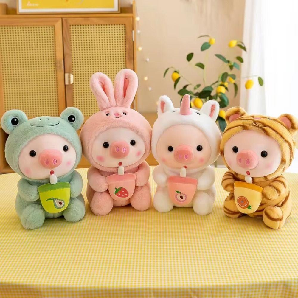 Rabbit Hat Cartoon Pig Plush Toy Cute Cartoon Design Stuffed Animals Milk Tea Plush Toy  Girls Gift