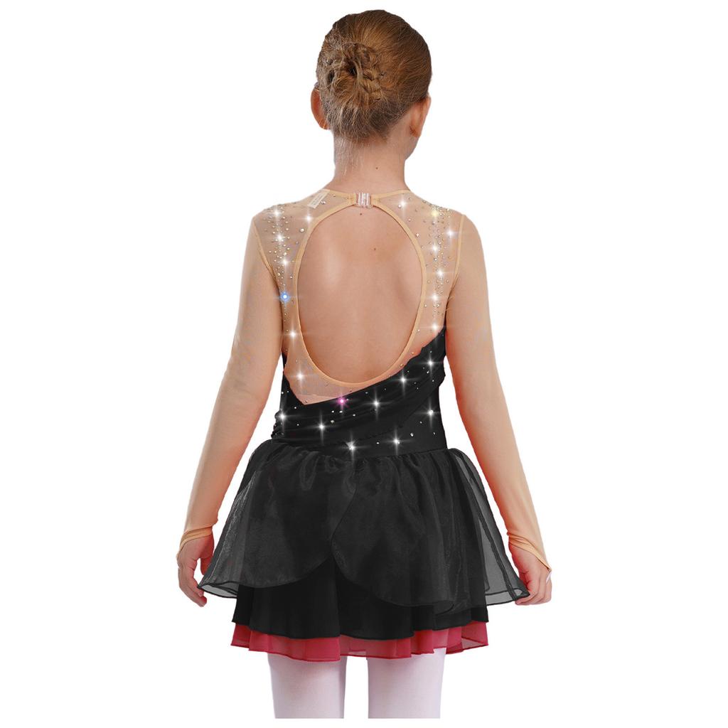 Dziewczęca brokatowa sukienka do łyżwiarstwa figurowego z cyrkoniami, z długim rękawem, z prześwitującą siateczką i wycięciem na plecach, kostium do występów lirycznych