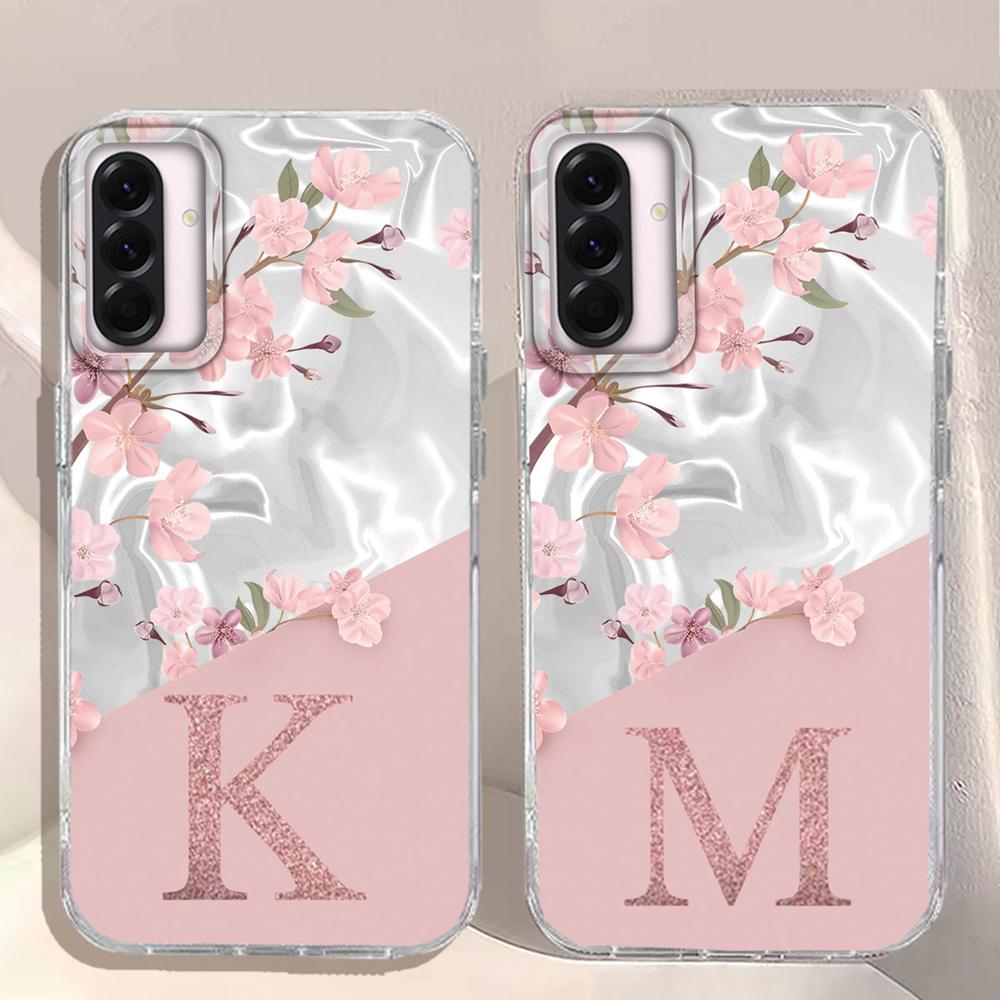A Z Pink Letter Peach Flower Shockproof Phone Case For Samsung Galaxy A15 A25 A35 A55 A13 A14 A53 A52 A34 A24 Couple TPU Cover